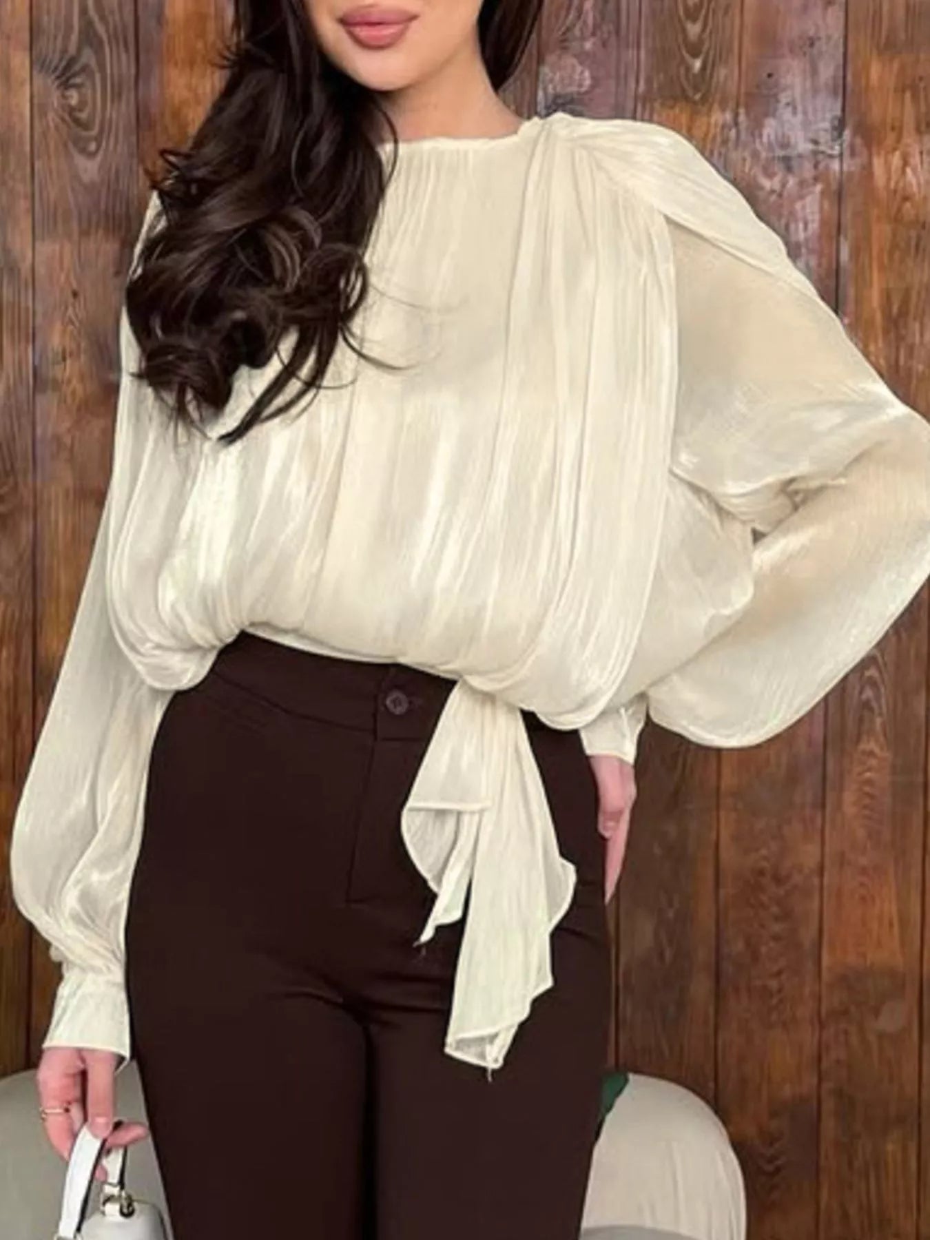 Metallic Sheen Blouse with Tie Detail - Trendsi - Flyclothing LLC