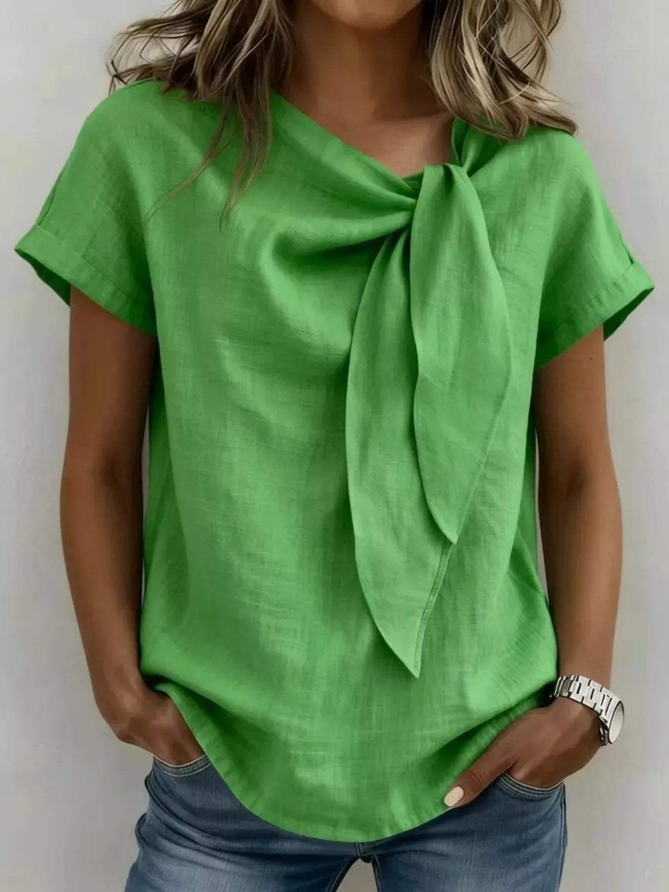 Full Size Bow Tie Neck Short Sleeve Blouse Plus Size - Trendsi - Flyclothing LLC
