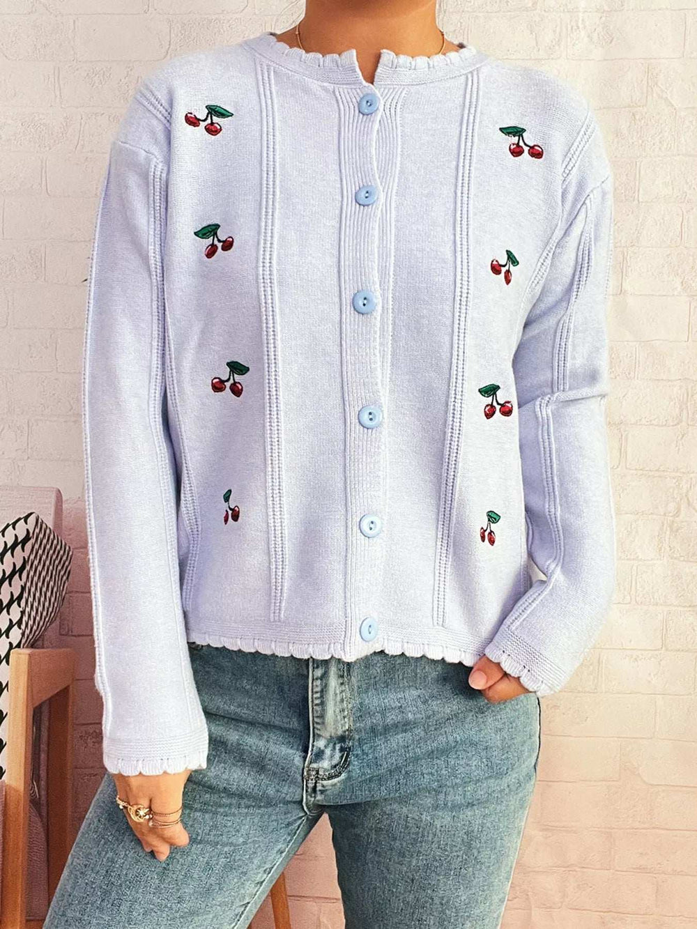 Cherry Embroidered Button Up Cardigan - Trendsi - Flyclothing LLC