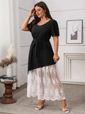 Plus Size Lace Patchwork Short Sleeve Maxi Dress - Trendsi