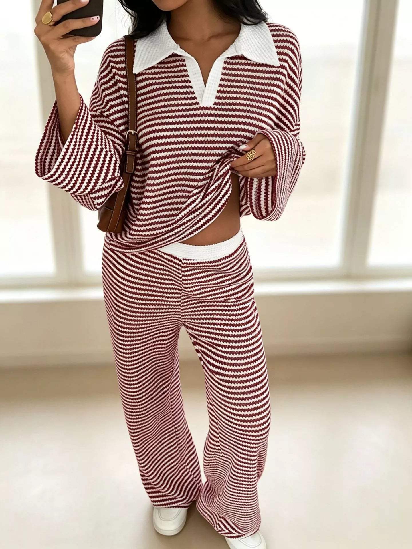 Striped Long Sleeve Polo and Wide-Leg Pants Set - Trendsi - Flyclothing LLC