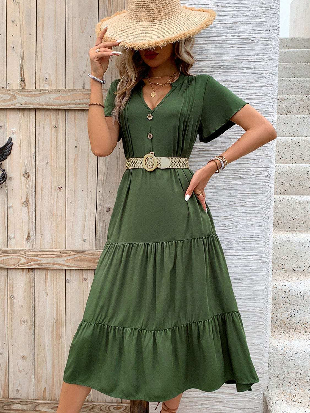 Tiered Notched Short Sleeve Midi Dress - Trendsi - Flyclothing LLC