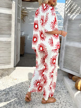 Devine Printed Collared Neck Half Sleeve Top and Pants Set - Trendsi - Flyclothing LLC