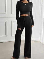 Devine Crisscross Round Neck Long Sleeve Top and Pants Set - Trendsi