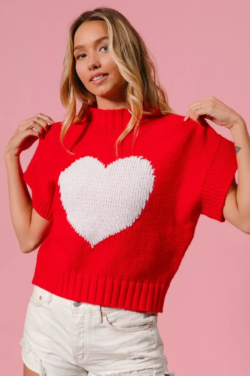 BiBi Rib Banded Heart Pattern Valentines Sweater - Trendsi - Flyclothing LLC