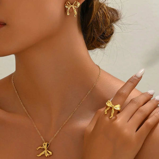 18K Gold-Plated Stainless Steel Bow Necklace Ring Earrings Jewelry Set - Trendsi - Flyclothing LLC