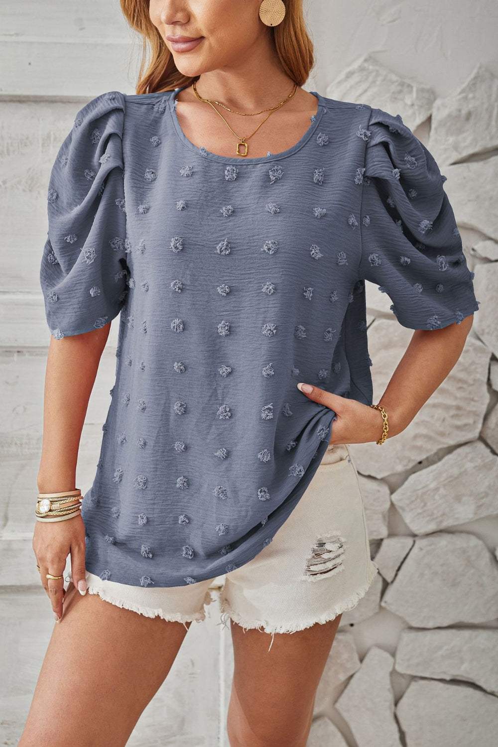 Swiss Dot Round Neck Short Sleeve Blouse - Trendsi - Flyclothing LLC