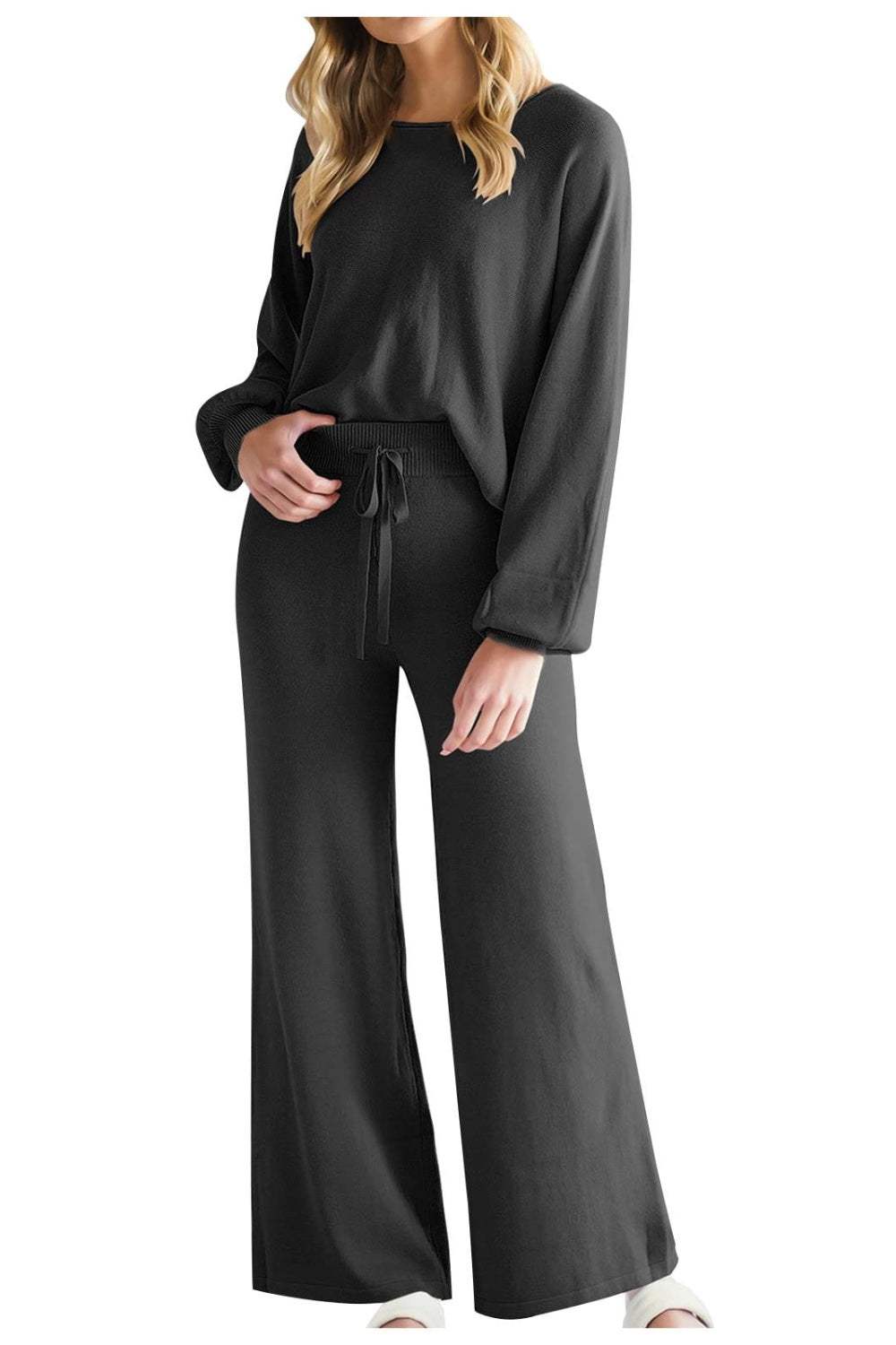 Round Neck Long Sleeve Top and Pants Set - Trendsi - Flyclothing LLC