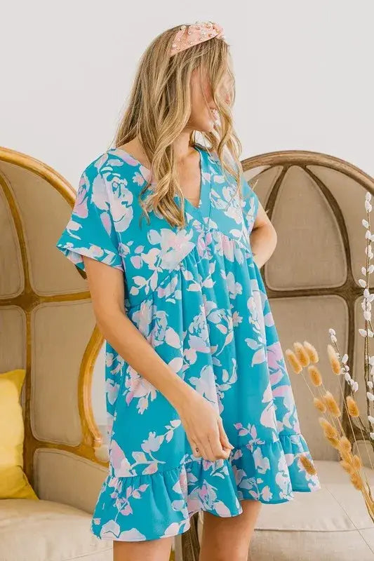 BiBi Floral Crinkle Shirred Ruffle Detail V Neck Dress - Trendsi - Flyclothing LLC