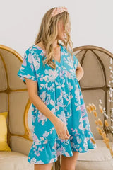BiBi Floral Crinkle Shirred Ruffle Detail V Neck Dress - Trendsi - Flyclothing LLC