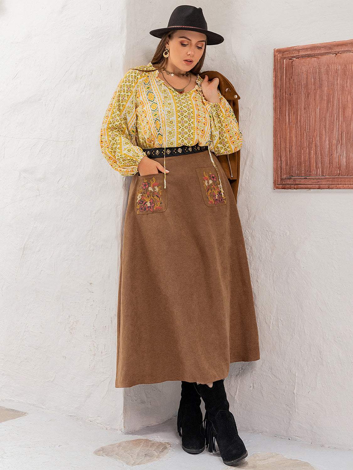 Plus Size Embroidered Pocketed High Waist Skirt - Trendsi - Flyclothing LLC