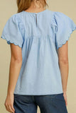 Solid Color Embroidered Scalloped Sleeves Crew Neck Blouse - Trendsi