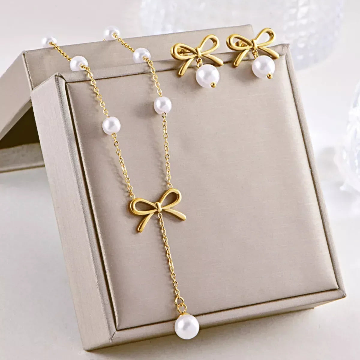 18K Gold-Plated Bowknot Pearl Jewelry Set - Trendsi - Flyclothing LLC