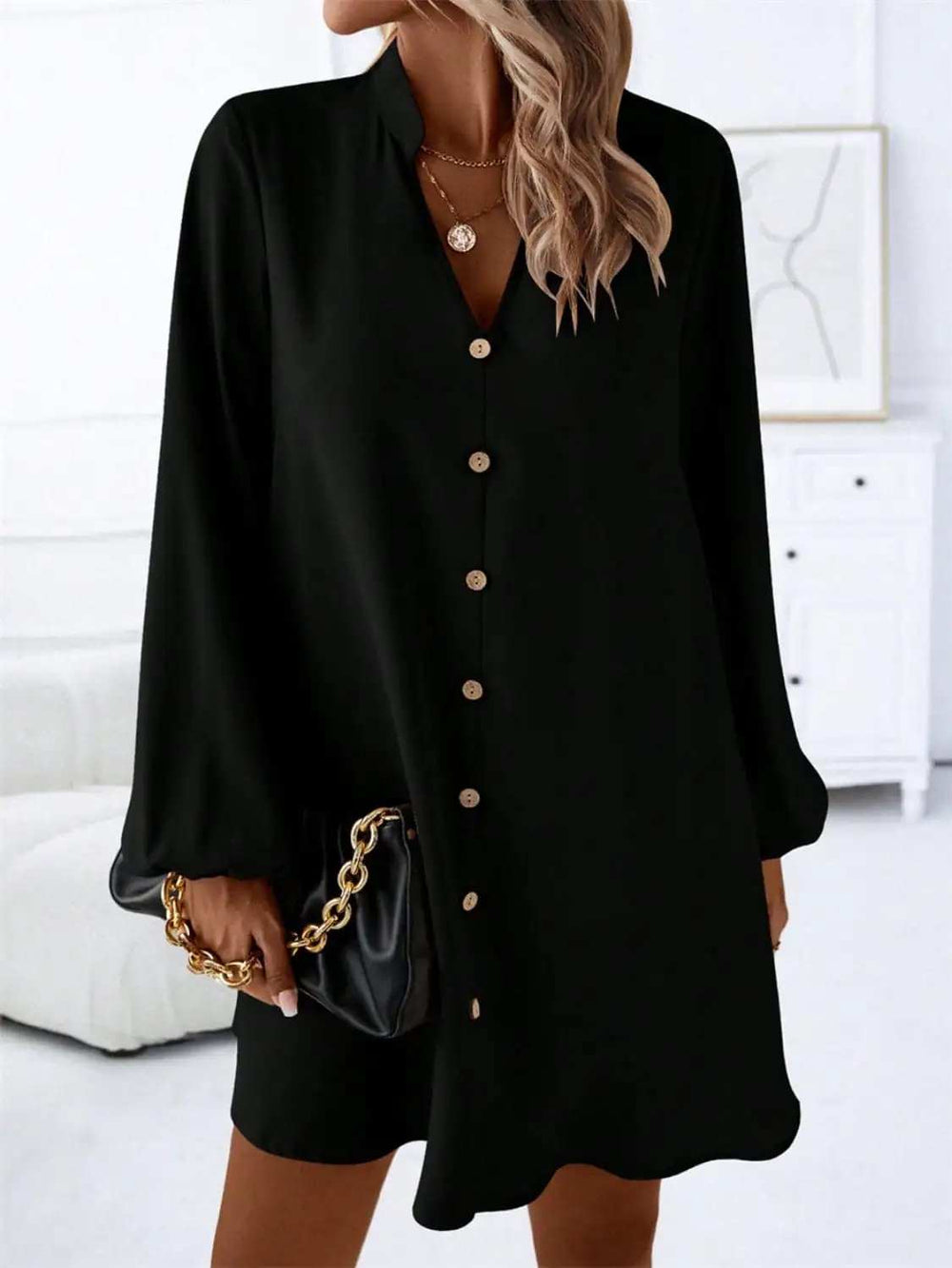 Notched Long Sleeve Mini Dress - Trendsi - Flyclothing LLC