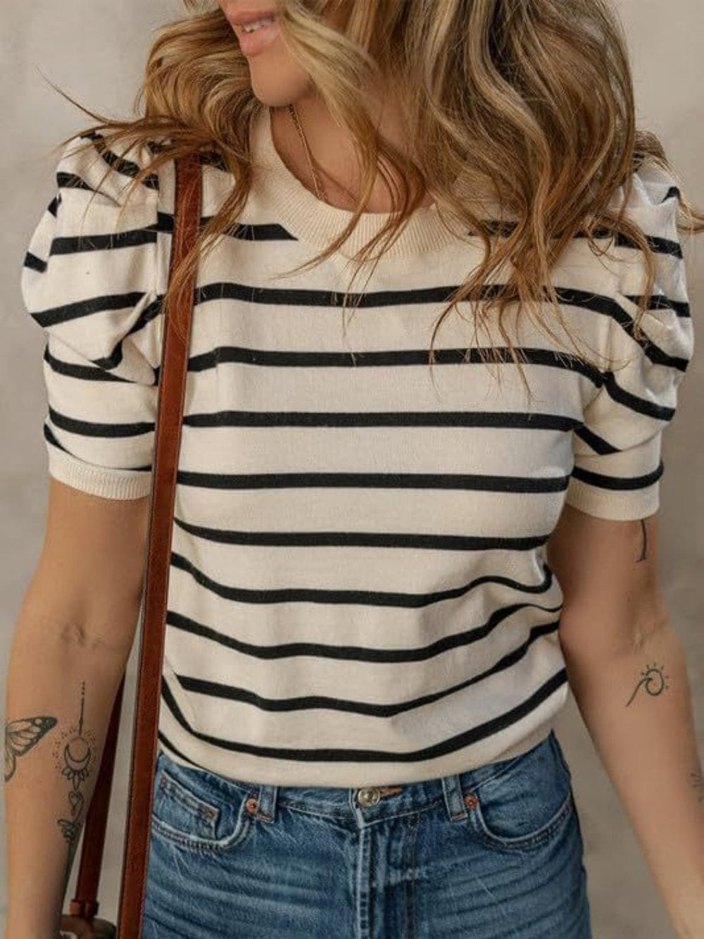 Striped Round Neck Puff Sleeve Knit Top - Trendsi