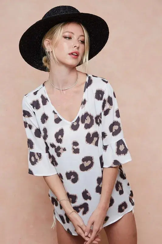 BiBi Leopard Printed V Neck Woven Top with Ruffled - Trendsi - Flyclothing LLC