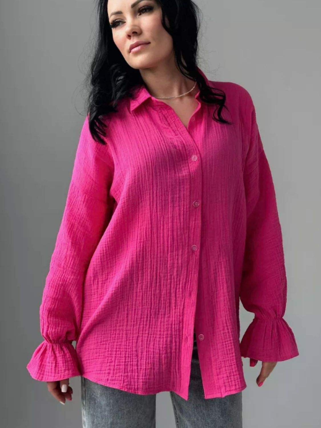 Textured Collared Neck Flounce Sleeve Shirt - Trendsi - Flyclothing LLC