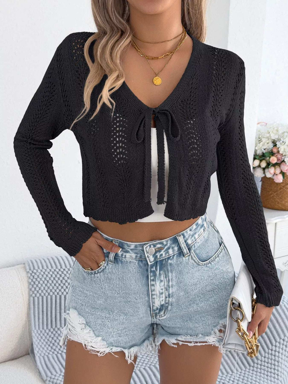 Openwork Tie Front Long Sleeve Cardigan - Trendsi - Flyclothing LLC