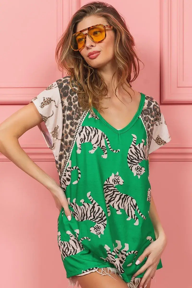 BiBi Tiger Printed Jersey Block T-Shirt with Aztec Trim - Trendsi - Flyclothing LLC