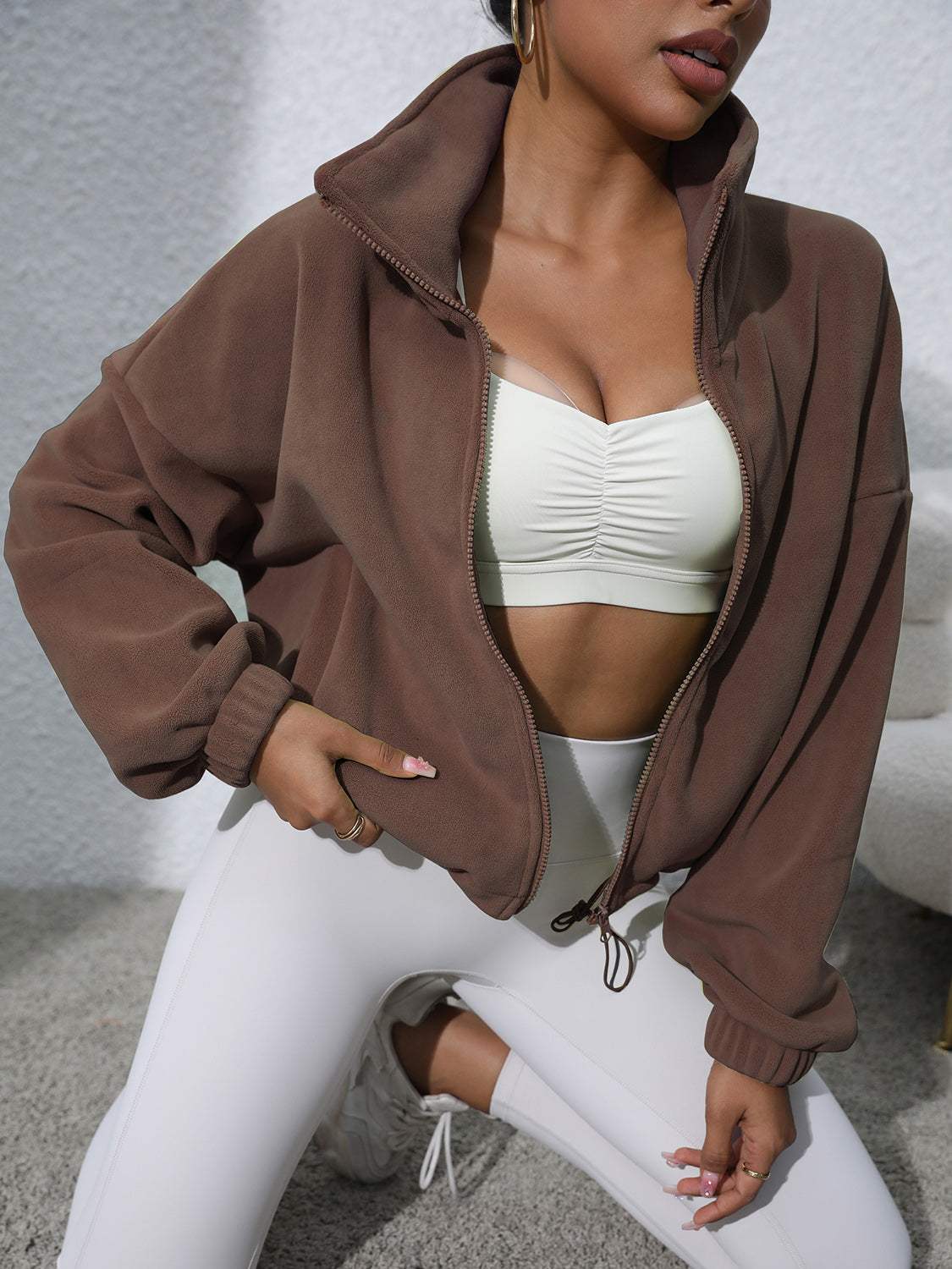 Drawstring Turtleneck Zip Up Long Sleeve Jacket - Trendsi - Flyclothing LLC