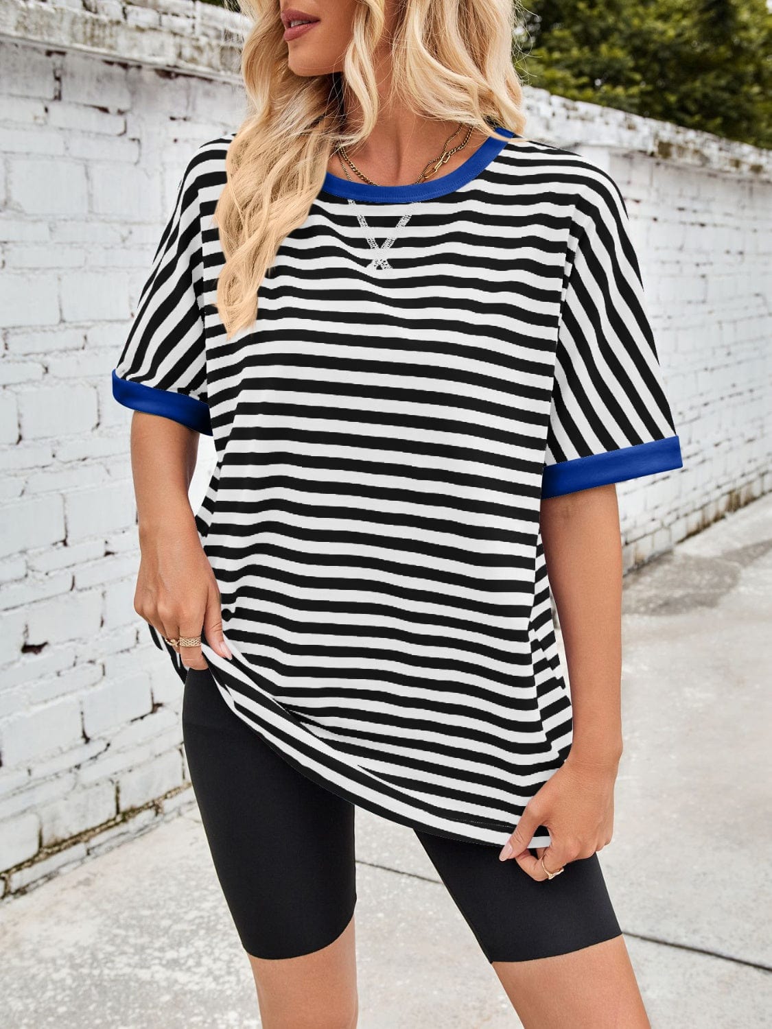 Lovelet Striped Round Neck Half Sleeve T-Shirt - Trendsi