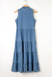 Tie Neck Tiered Maxi Denim Dress - Trendsi