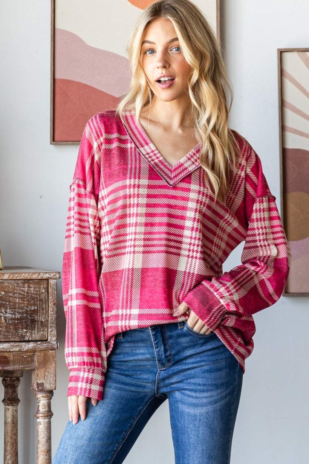 Heimish Plaid Drop Shoulder V-Neck T-Shirt - Trendsi - Flyclothing LLC