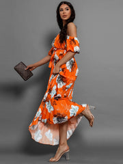 Pleated Floral Off-Shoulder Short Sleeve Midi Dress - Trendsi