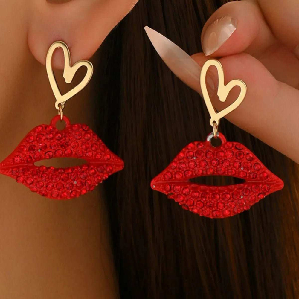 18K Gold-Plated Rhinestone Lips Heart Dangle Earrings - Trendsi - Flyclothing LLC