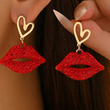 18K Gold-Plated Rhinestone Lips Heart Dangle Earrings - Trendsi - Flyclothing LLC