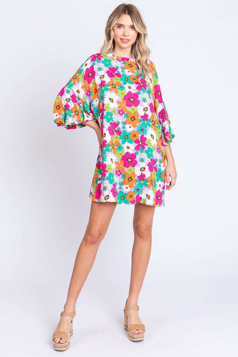 GeeGee Full Size Floral Round Neck Lantern Sleeve Mini Dress - Trendsi - Flyclothing LLC