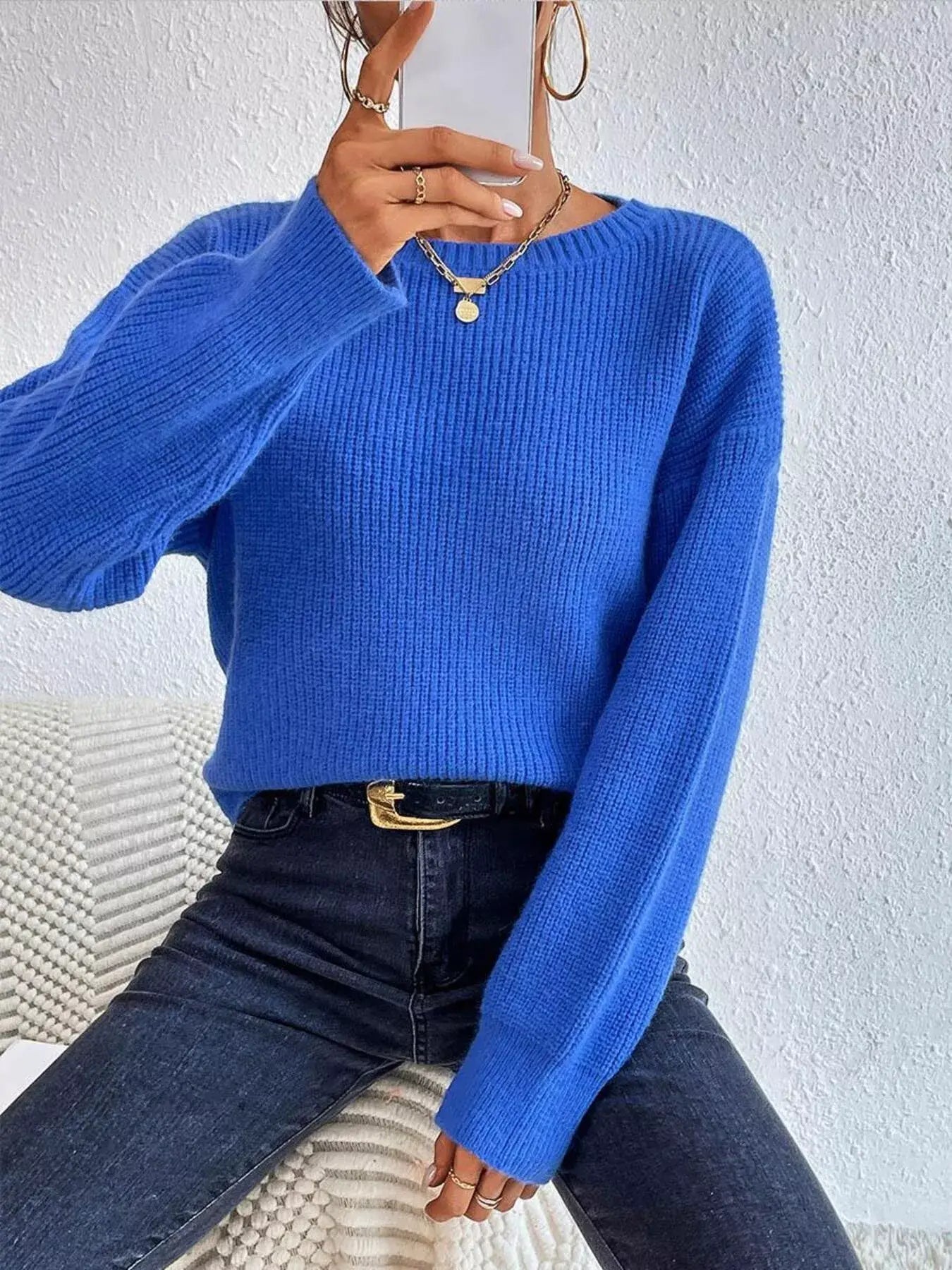 Ribbed Knit Dropped Shoulder Sweater - Trendsi - Flyclothing LLC