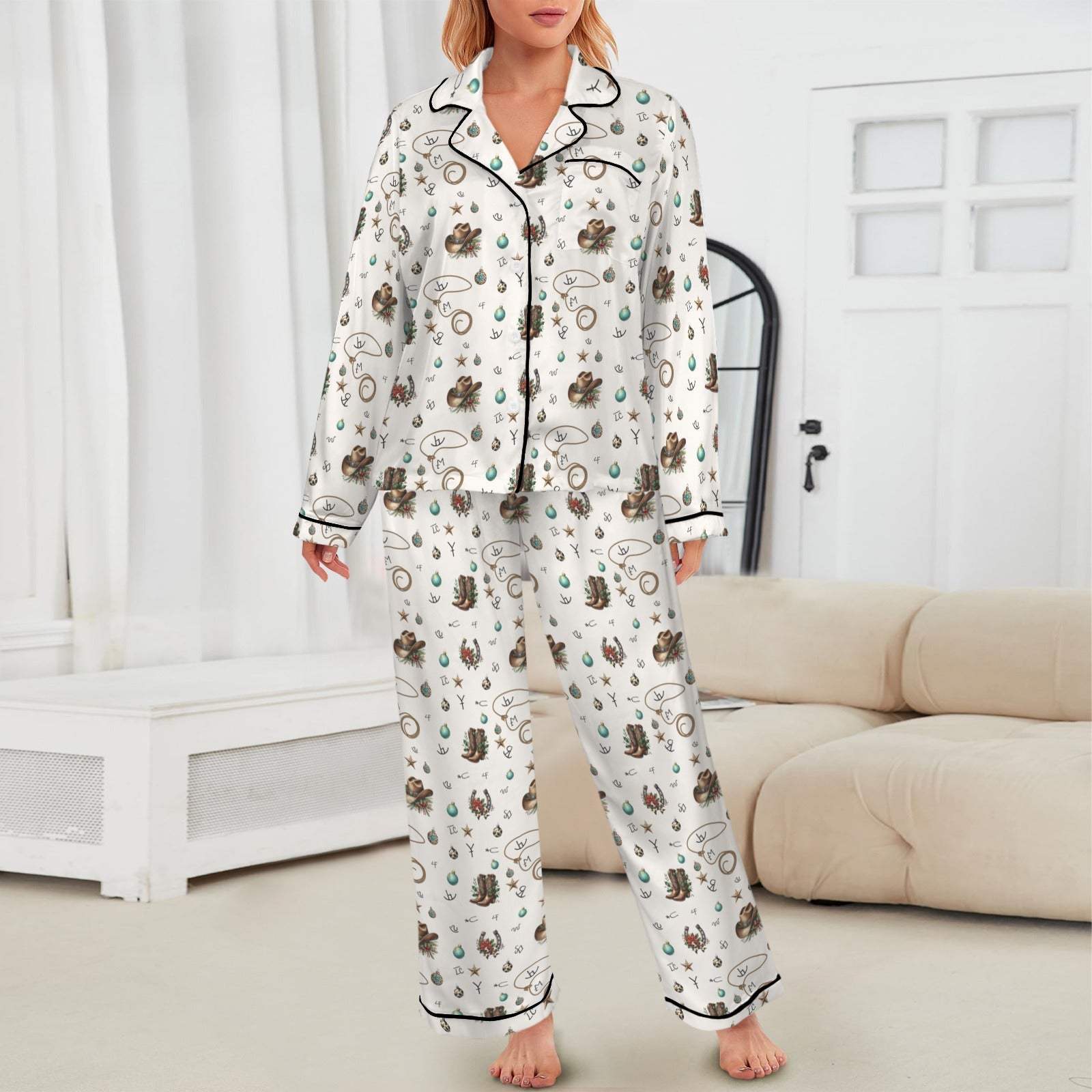 Baha Ranch Boots and Brands Western Christmas Long Satin Pajamas - Baha Ranch Western Wear - Flyclothing LLC
