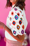 Smocked Neck Embroidered Puff Sleeve Top - Trendsi
