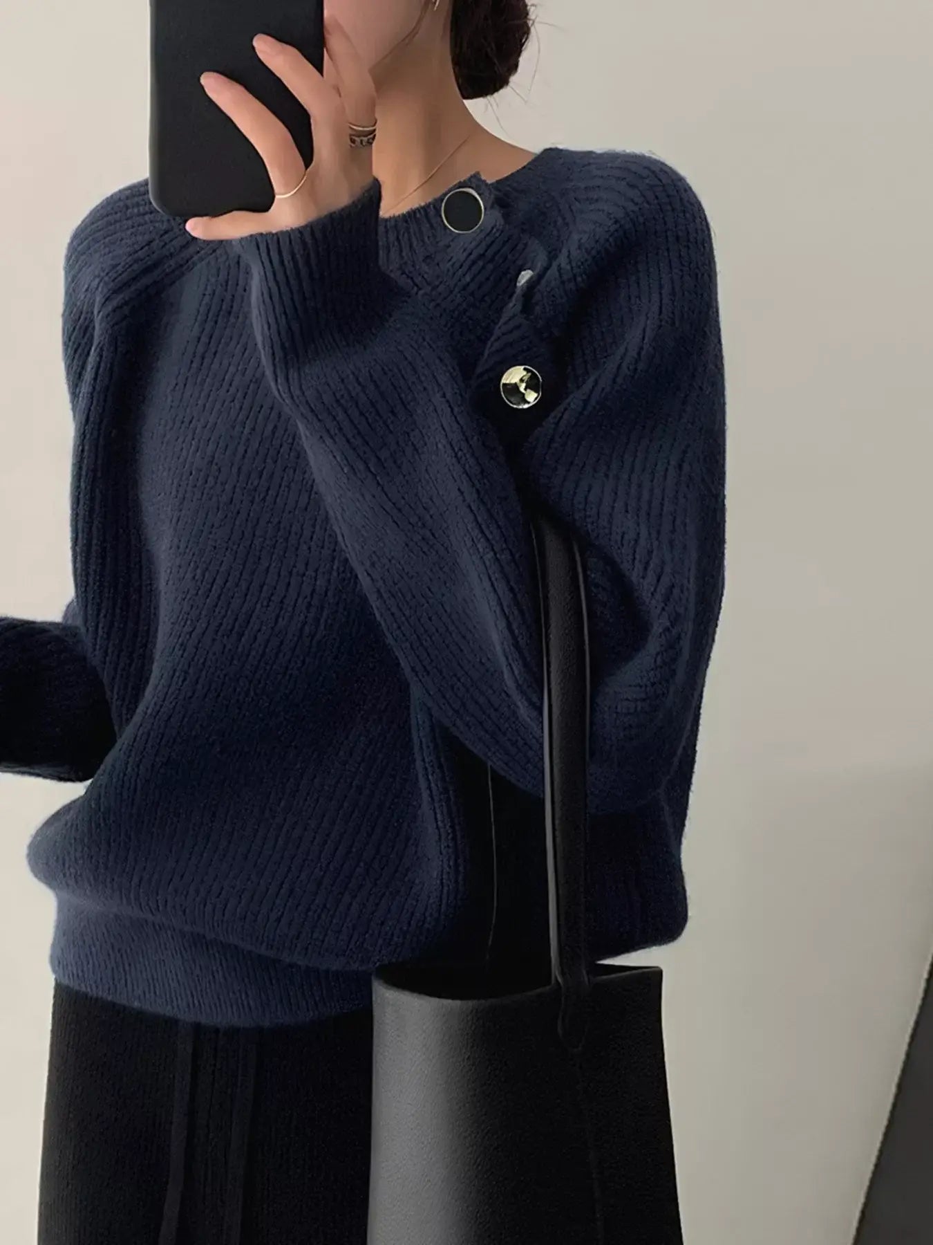 Button-Decorated Round Neck Sweater - Trendsi - Flyclothing LLC