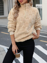 Fuzzy Quarter Zip Long Sleeve Sweatshirt - Trendsi - Flyclothing LLC