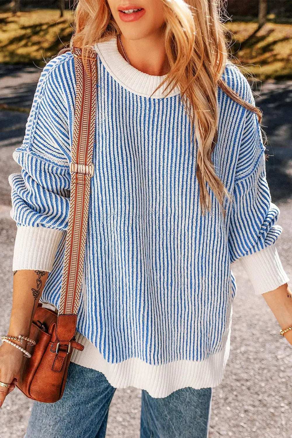 Round Neck Dropped Shoulder Sweater - Trendsi - Flyclothing LLC