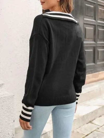 Striped Trim Drop Shoulder Sweater - Trendsi - Flyclothing LLC