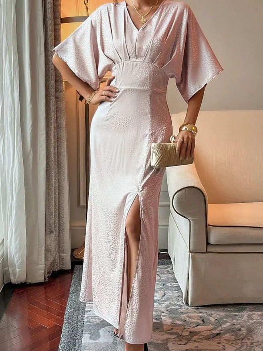 Slit Animal Print V-Neck Half Sleeve Dress - Trendsi - Flyclothing LLC