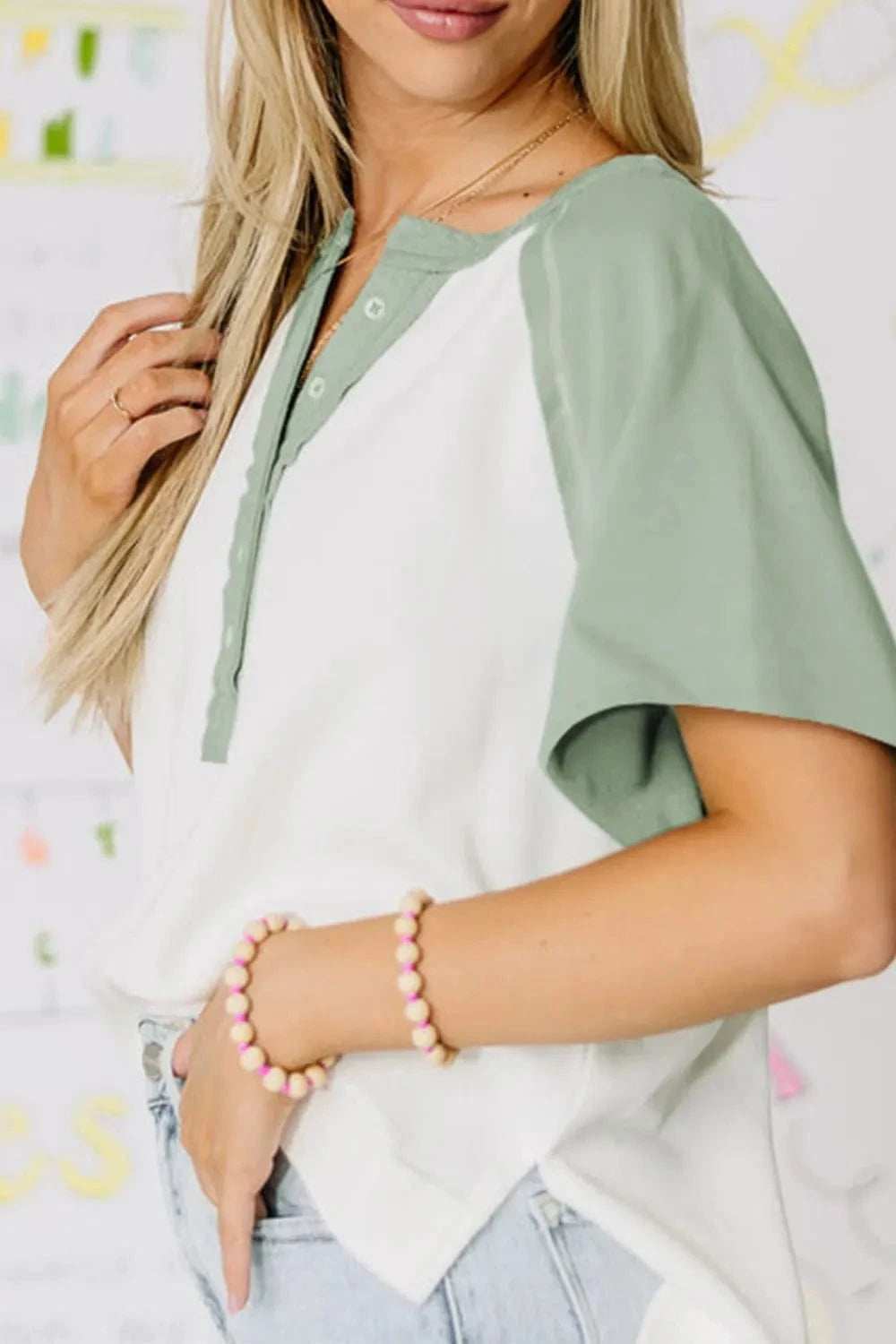 Color Block Raglan Short Sleeve Half Buttons High Low T Shirt - Trendsi - Flyclothing LLC