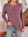 Lovelet Quarter Button Striped Round Neck Long Sleeve T-Shirt - Trendsi - Flyclothing LLC