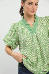 Umgee Printed Puff Sleeve Ruffle Neck Top - Trendsi - Flyclothing LLC