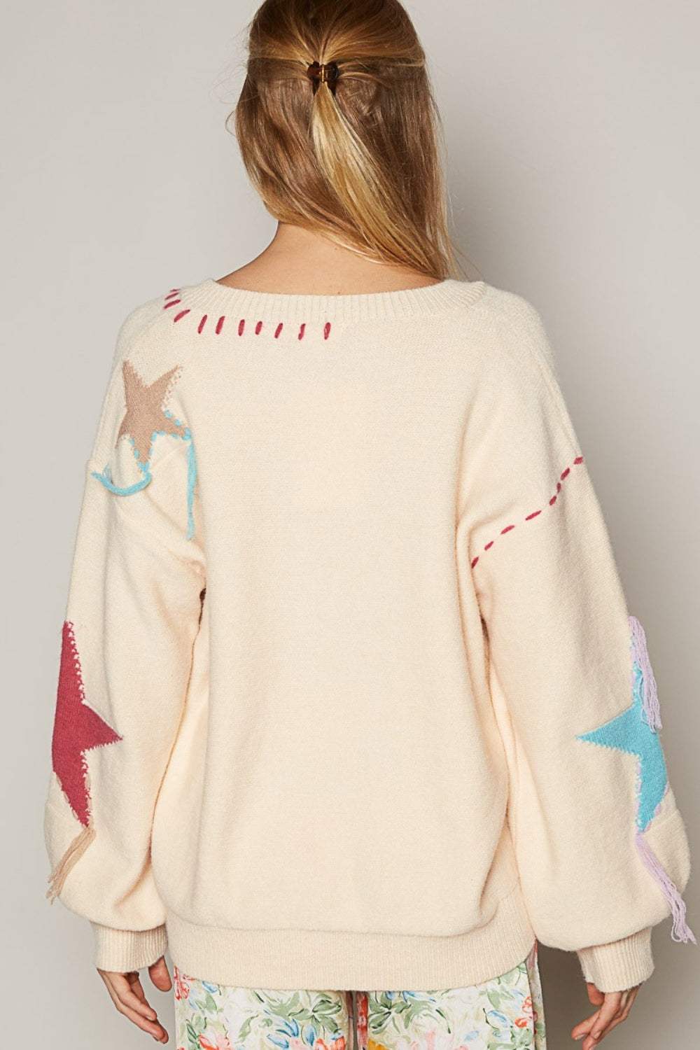 POL V-Neck Long Sleeve Star Fringe Sweater - Trendsi - Flyclothing LLC