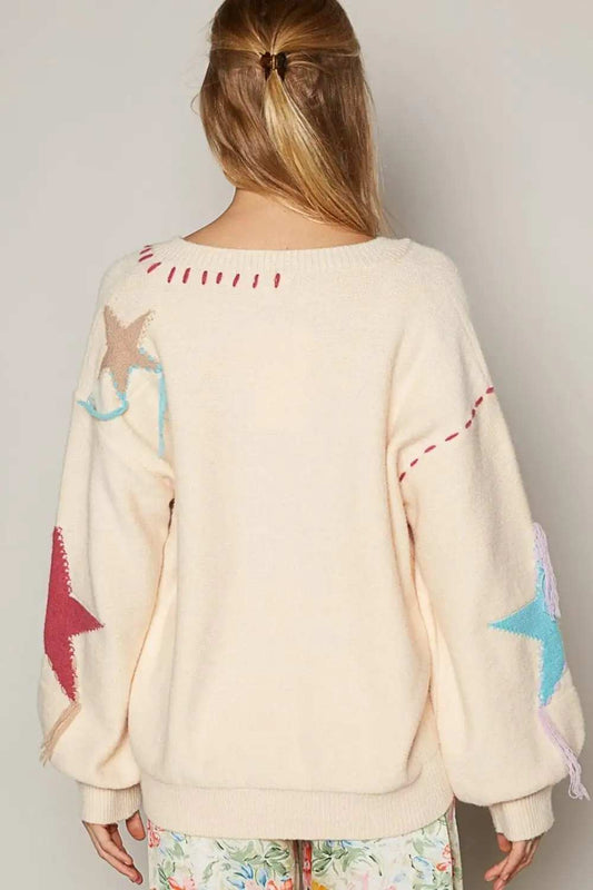 POL V-Neck Long Sleeve Star Fringe Sweater - Trendsi - Flyclothing LLC