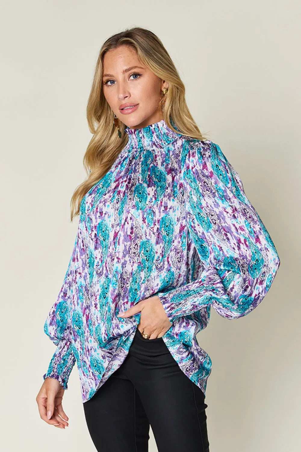 Double Take Full Size Printed Smocked Long Sleeve Blouse - Trendsi - Flyclothing LLC