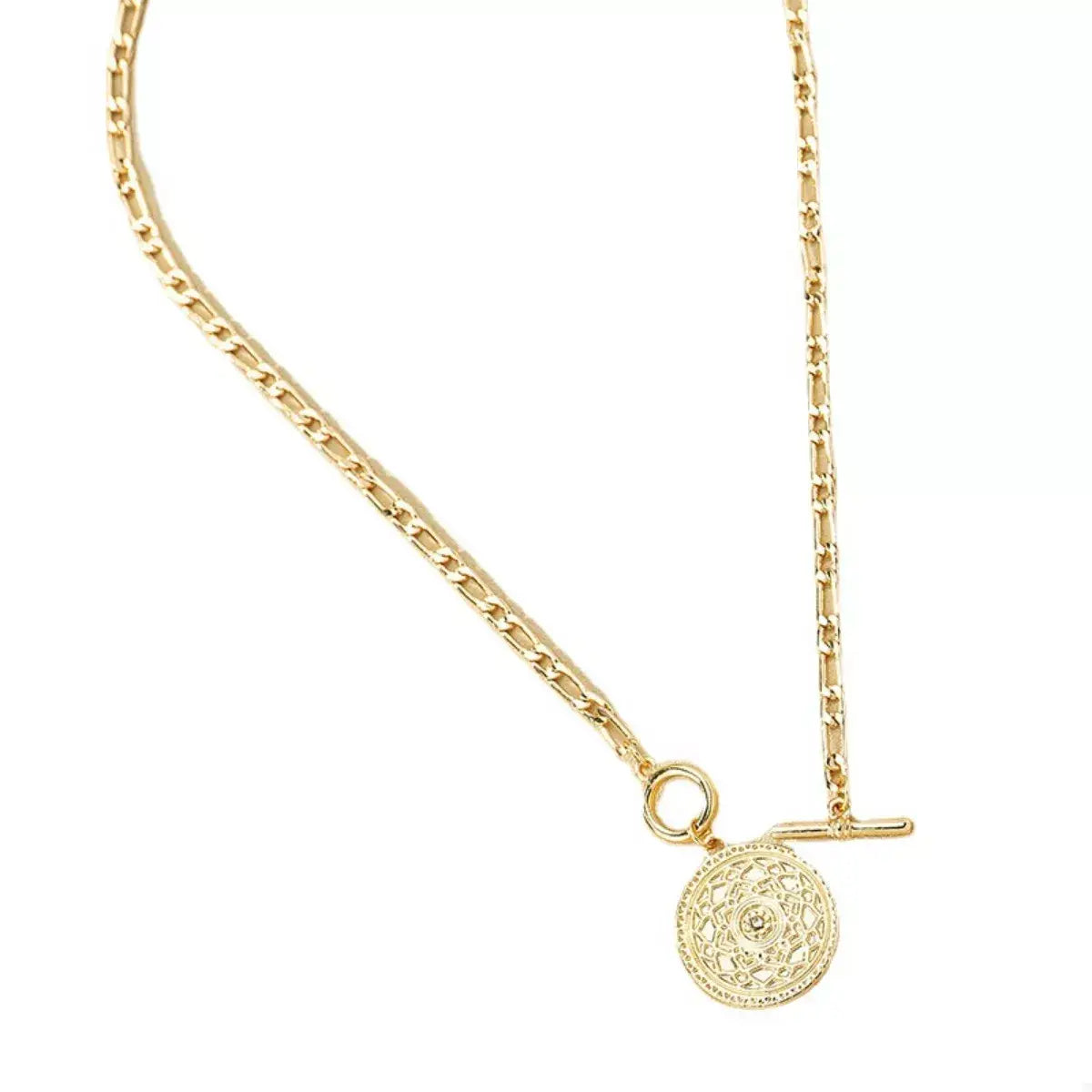 Chain Link Necklace with Vintage Coin Pendant - Trendsi - Flyclothing LLC