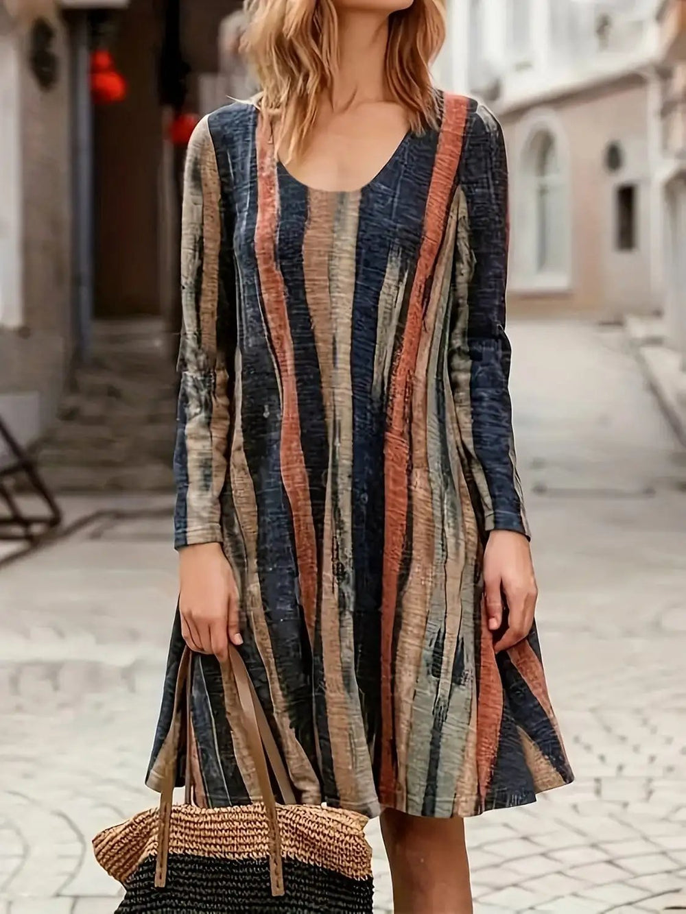 Full Size Contrast Stripes Long Sleeve Mini Dress - Trendsi