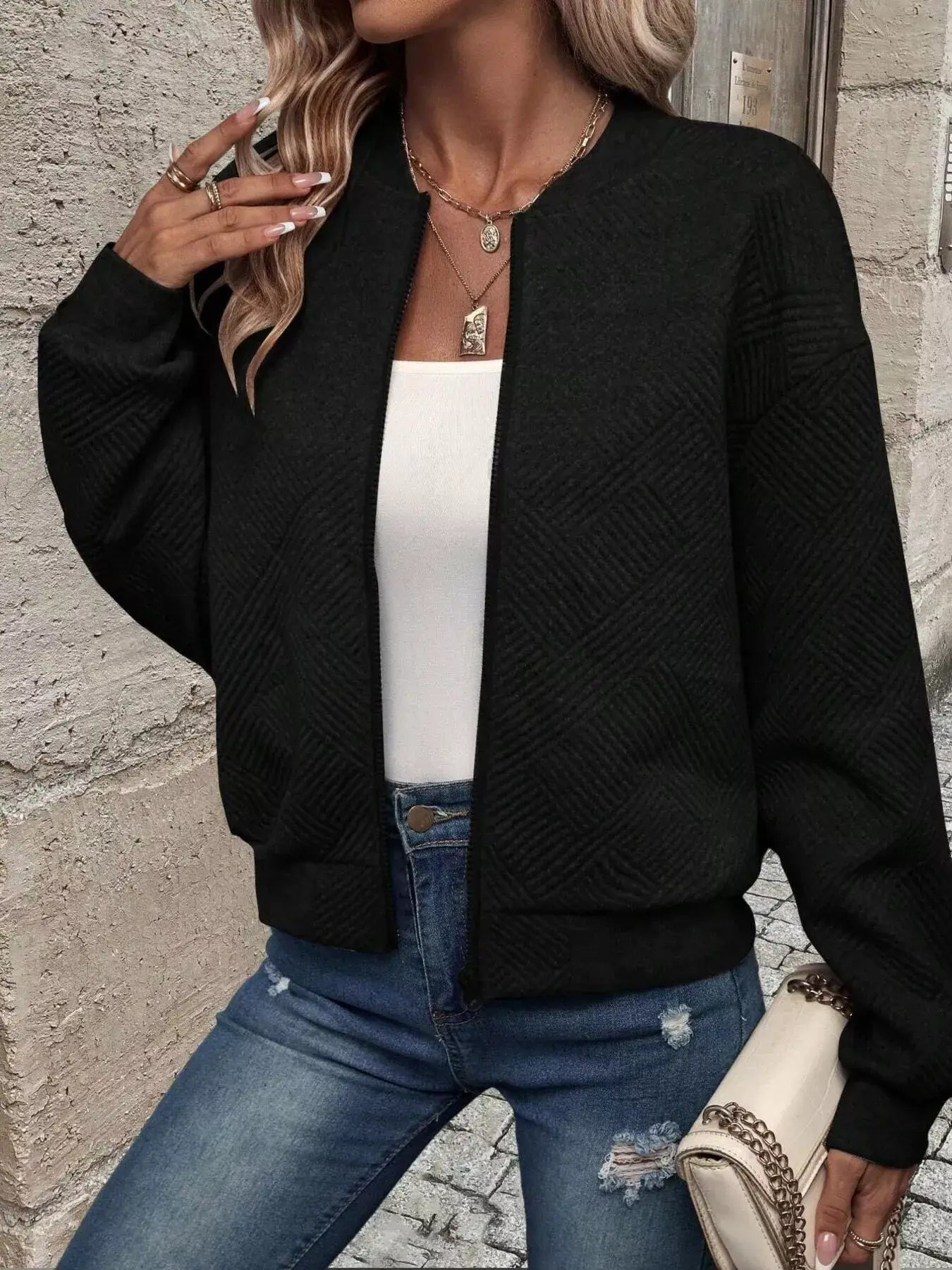 Texture Zip-Up Bomber Jacket - Trendsi - Flyclothing LLC