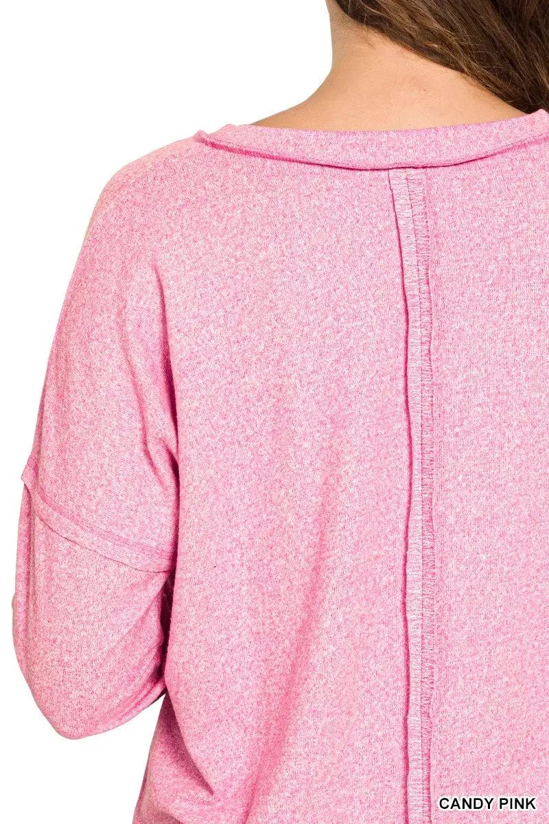 Zenana Soft Melange Hacci Exposed Seam Coin Pocket Tee - Trendsi - Flyclothing LLC