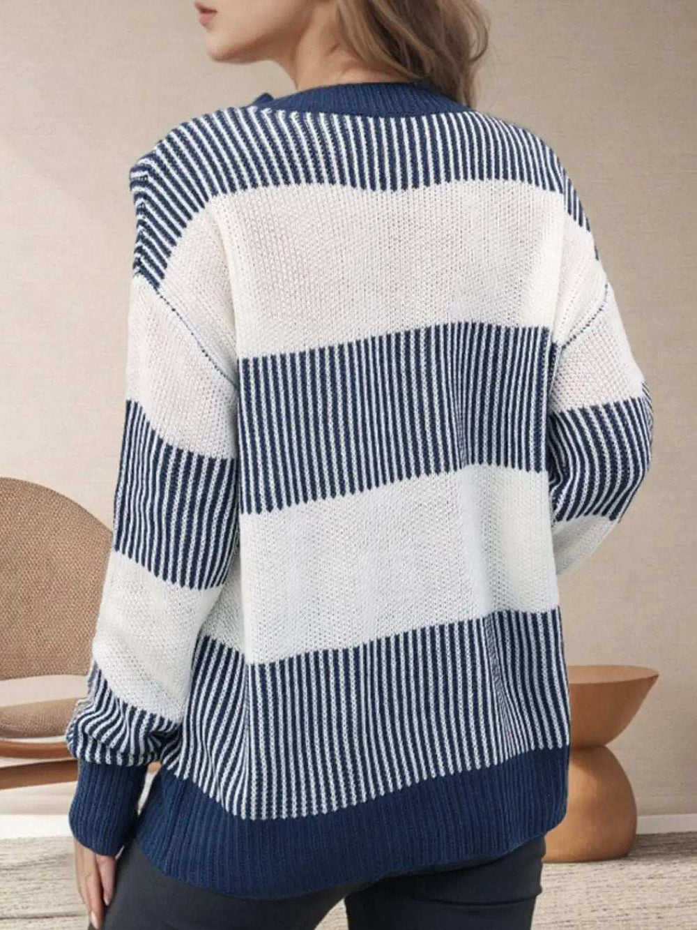 Striped Round Neck Long Sleeve Sweater - Trendsi - Flyclothing LLC